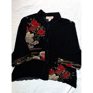 Norm Thompson Floral Asian Print Jacket 1X Black Statement USA